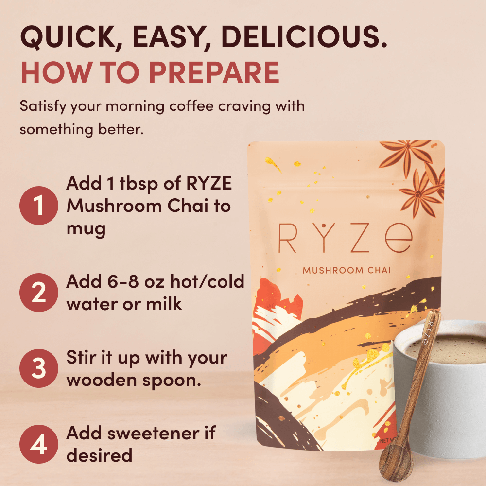 RYZE Mushroom Chai — Organic Instant Chai with Reishi & Organic Black Tea, 20 Servings A8