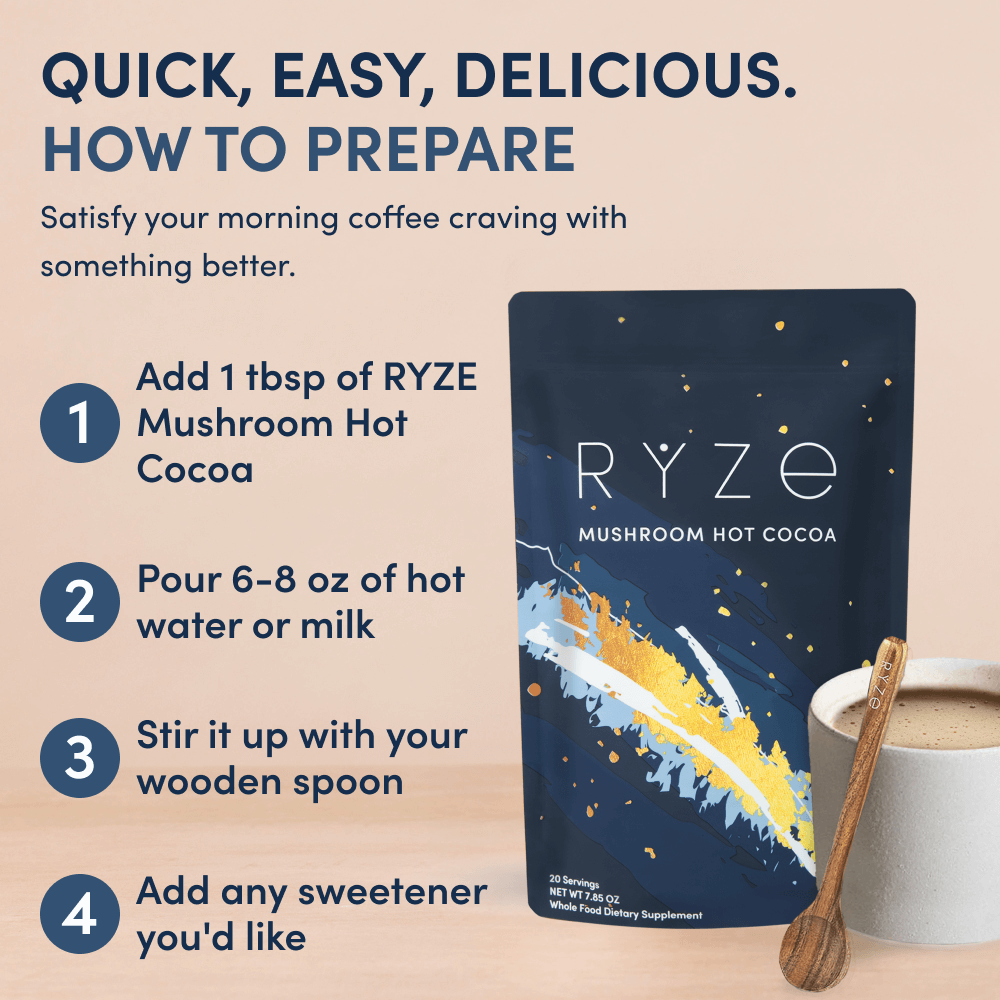RYZE Mushroom Hot Cocoa — Organic Instant Cocoa with L-Theanine & Melatonin, 20 Servings F8