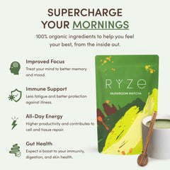 RYZE Mushroom Matcha — Organic Instant Matcha Latte with Lion's Mane & King Trumpet, 30 Servings K7