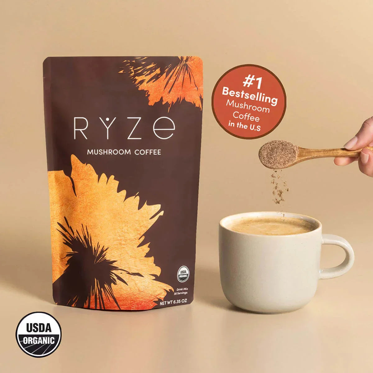 RYZE Mushroom Coffee — Organic Instant Coffee with Cordyceps & Reishi, 30 Servings H9