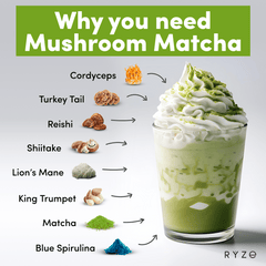 RYZE Mushroom Matcha - with 6 Organic Adaptogenic Mushrooms Grown In USA and Ceremonial-Grade Japanese Matcha F3