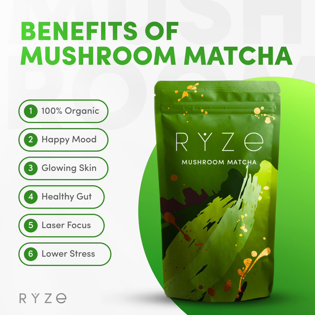 RYZE Mushroom Matcha - with 6 Organic Adaptogenic Mushrooms Grown In USA and Ceremonial-Grade Japanese Matcha F3