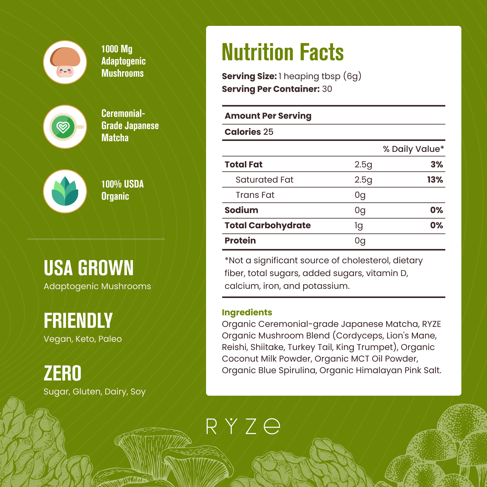 RYZE Mushroom Matcha - with 6 Organic Adaptogenic Mushrooms Grown In USA and Ceremonial-Grade Japanese Matcha F3