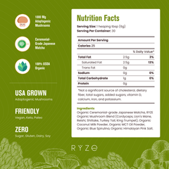 RYZE Mushroom Matcha - with 6 Organic Adaptogenic Mushrooms Grown In USA and Ceremonial-Grade Japanese Matcha F3